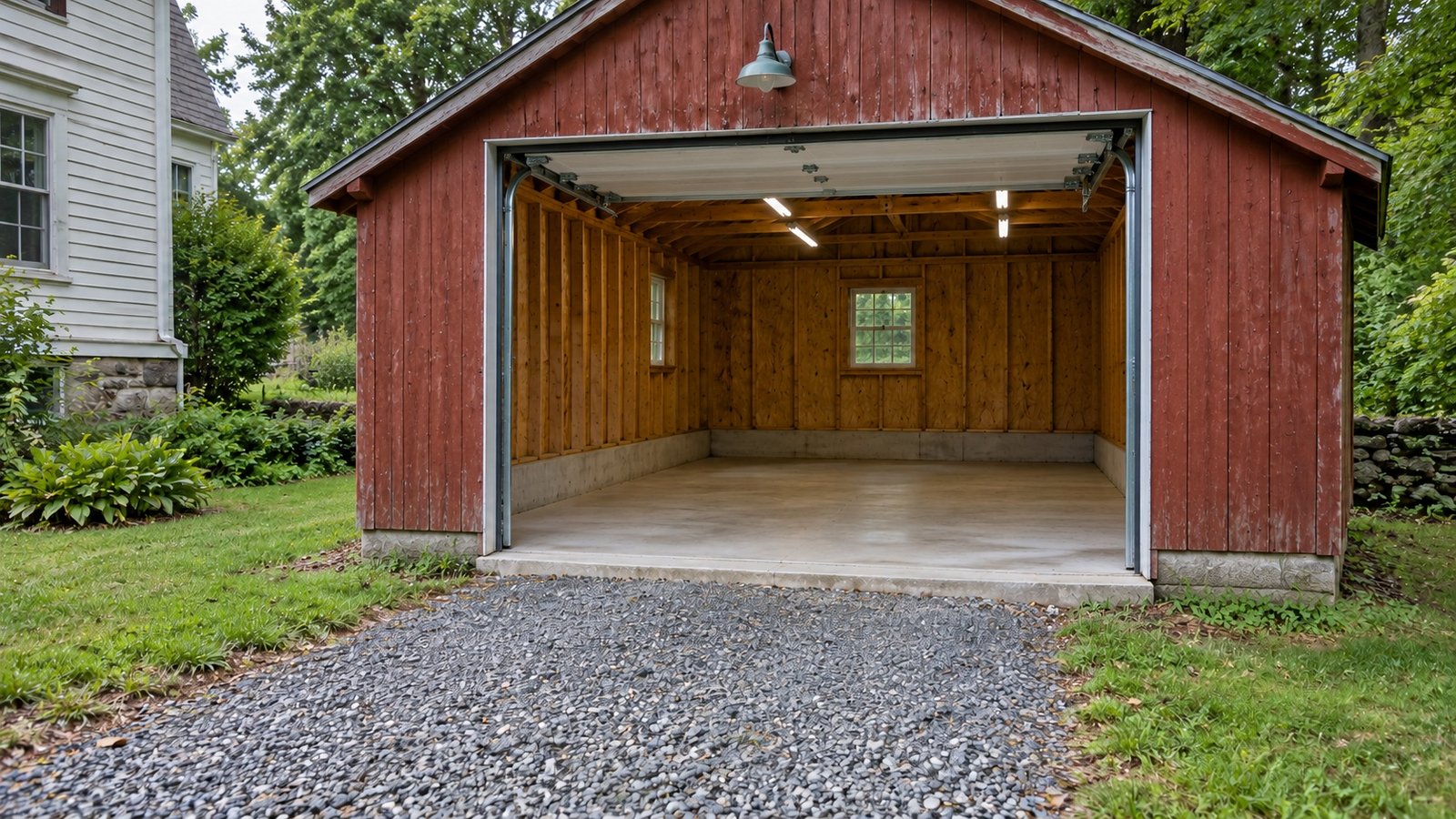Gravel approach to a red timber workshop with a raised overhead door, low concrete threshold and clear interior
