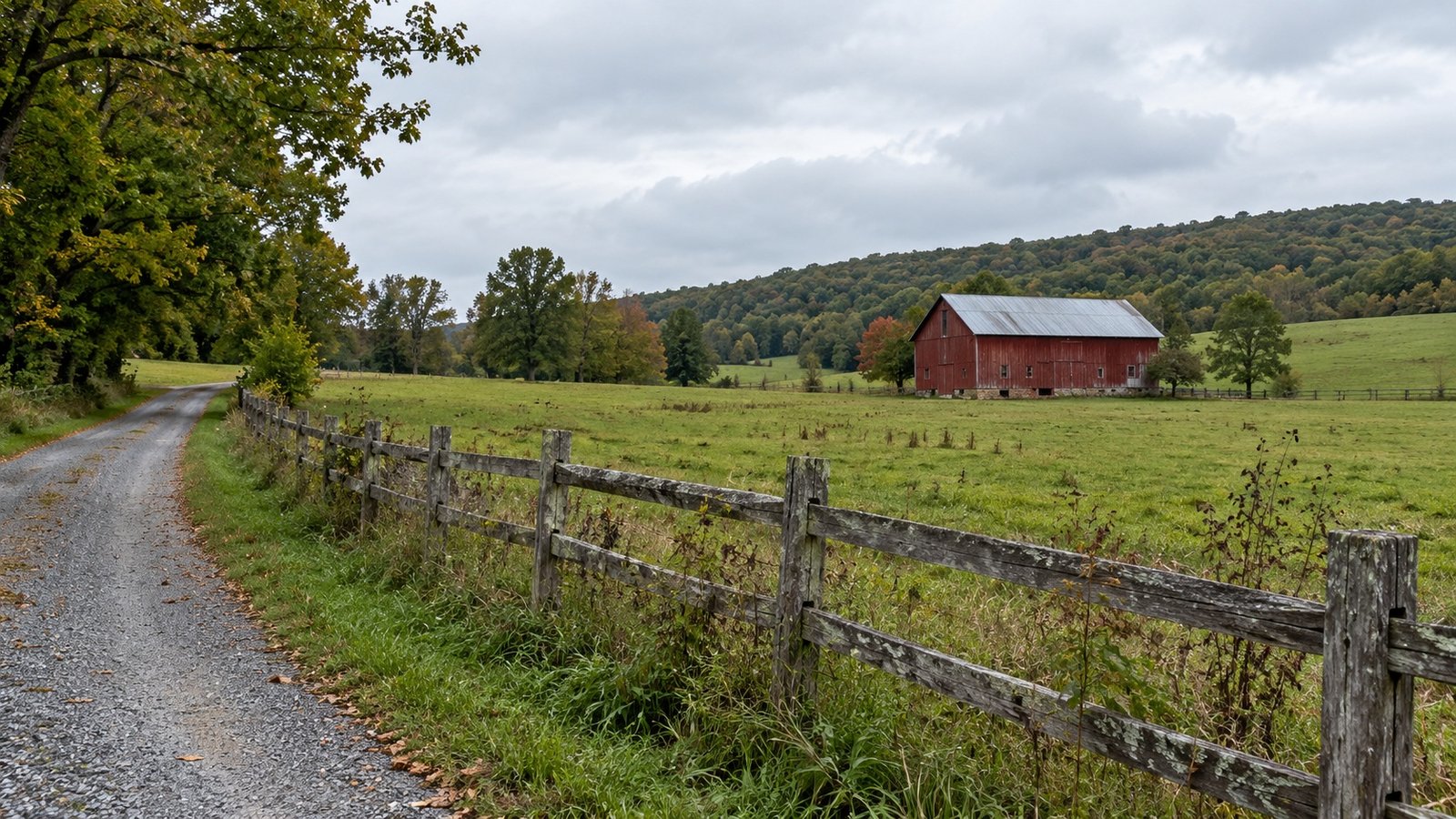 Pasture beside a rural lane Gravel lane and timber fence beside a green pasture with a red barn and a low wooded ridge