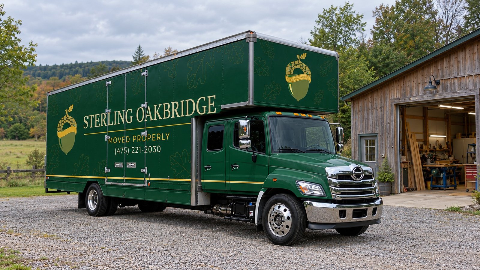 Green and gold Sterling Oakbridge Hino box truck on a gravel standing area beside a timber workshop