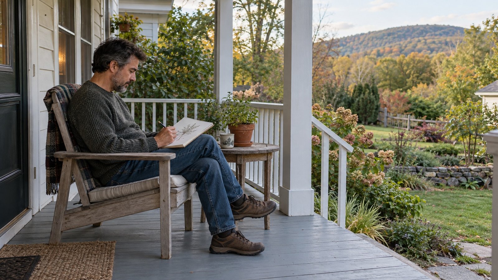 A quiet place for a creative interest Man sketching a potted plant while seated on a wooden porch overlooking a garden and low wooded hills