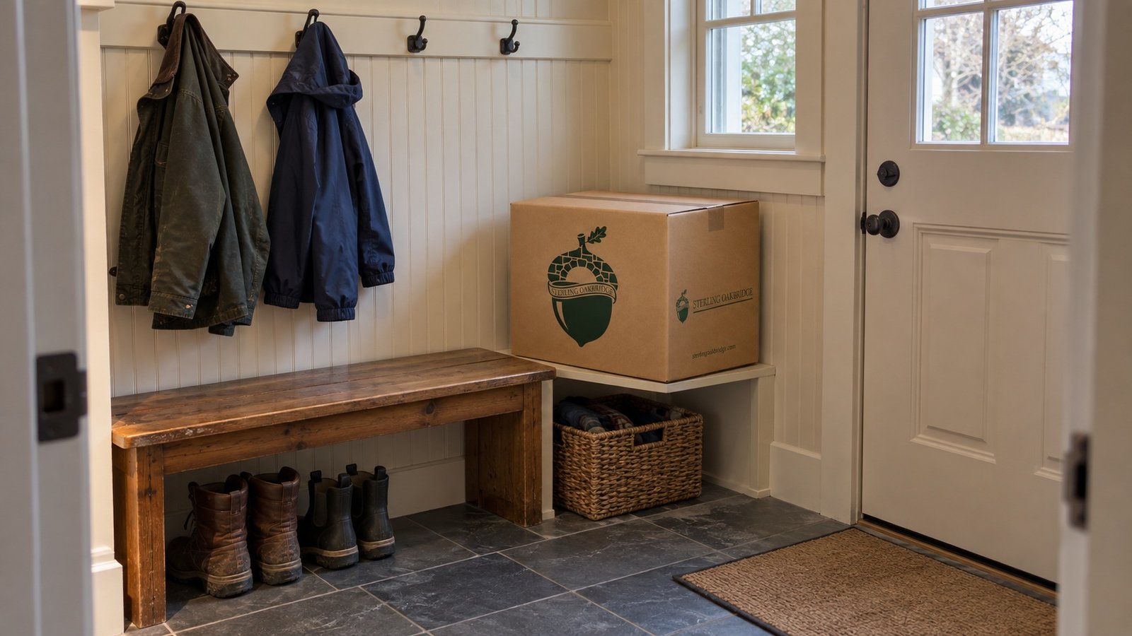 Room for coats and everyday belongings Mudroom with two jackets on hooks, boots below a wooden bench and a Sterling Oakbridge carton on a low shelf