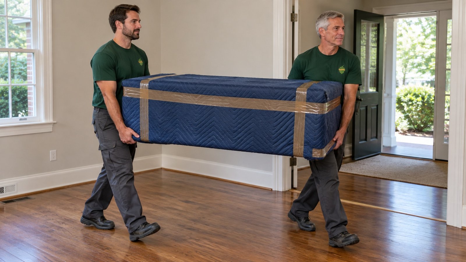 Two male Sterling Oakbridge movers carrying a rectangular piece of furniture covered in blue moving blankets secured with brown tape