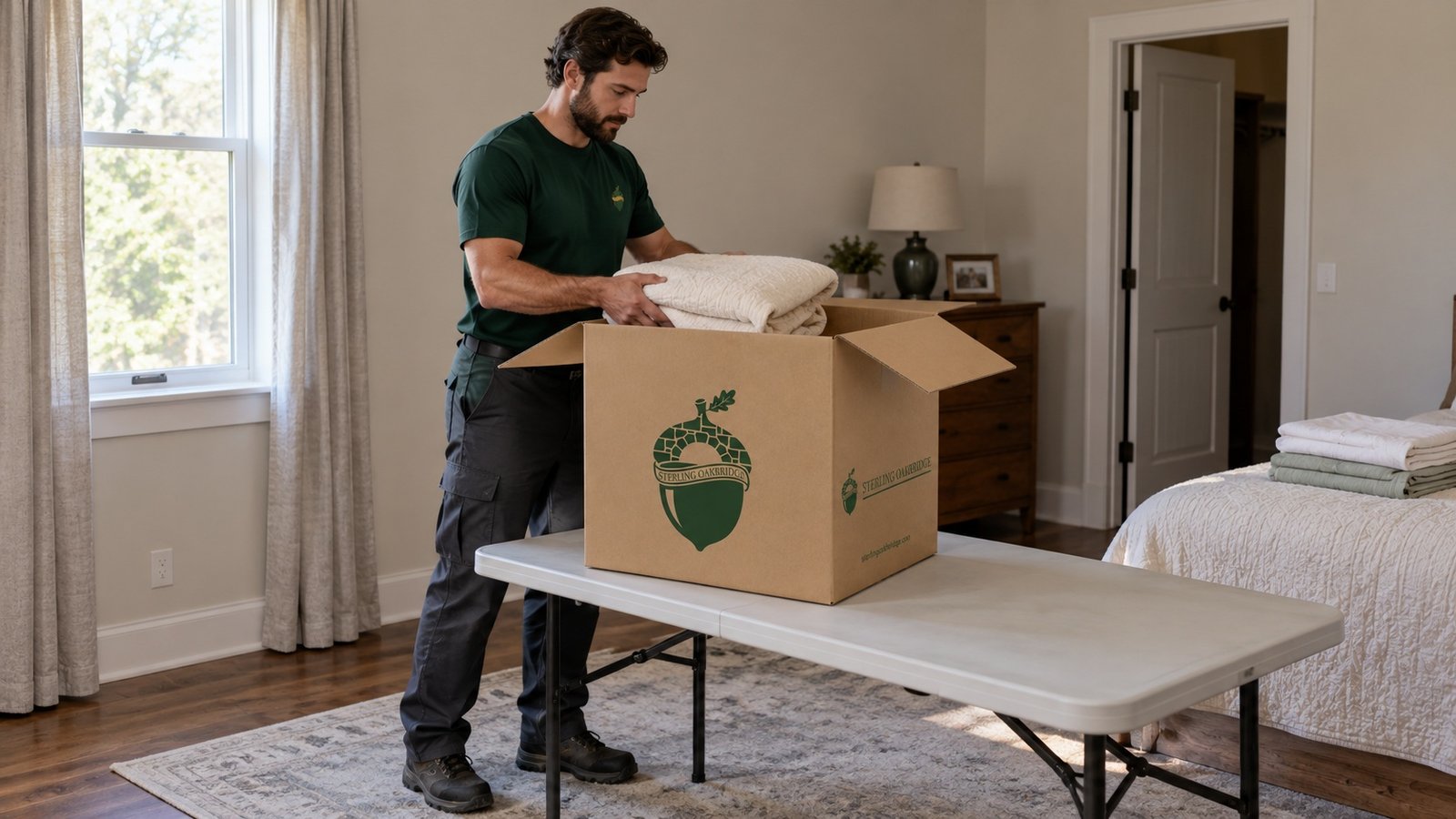 Male Sterling Oakbridge mover placing a folded cream blanket into a branded carton on a folding table in a bedroom