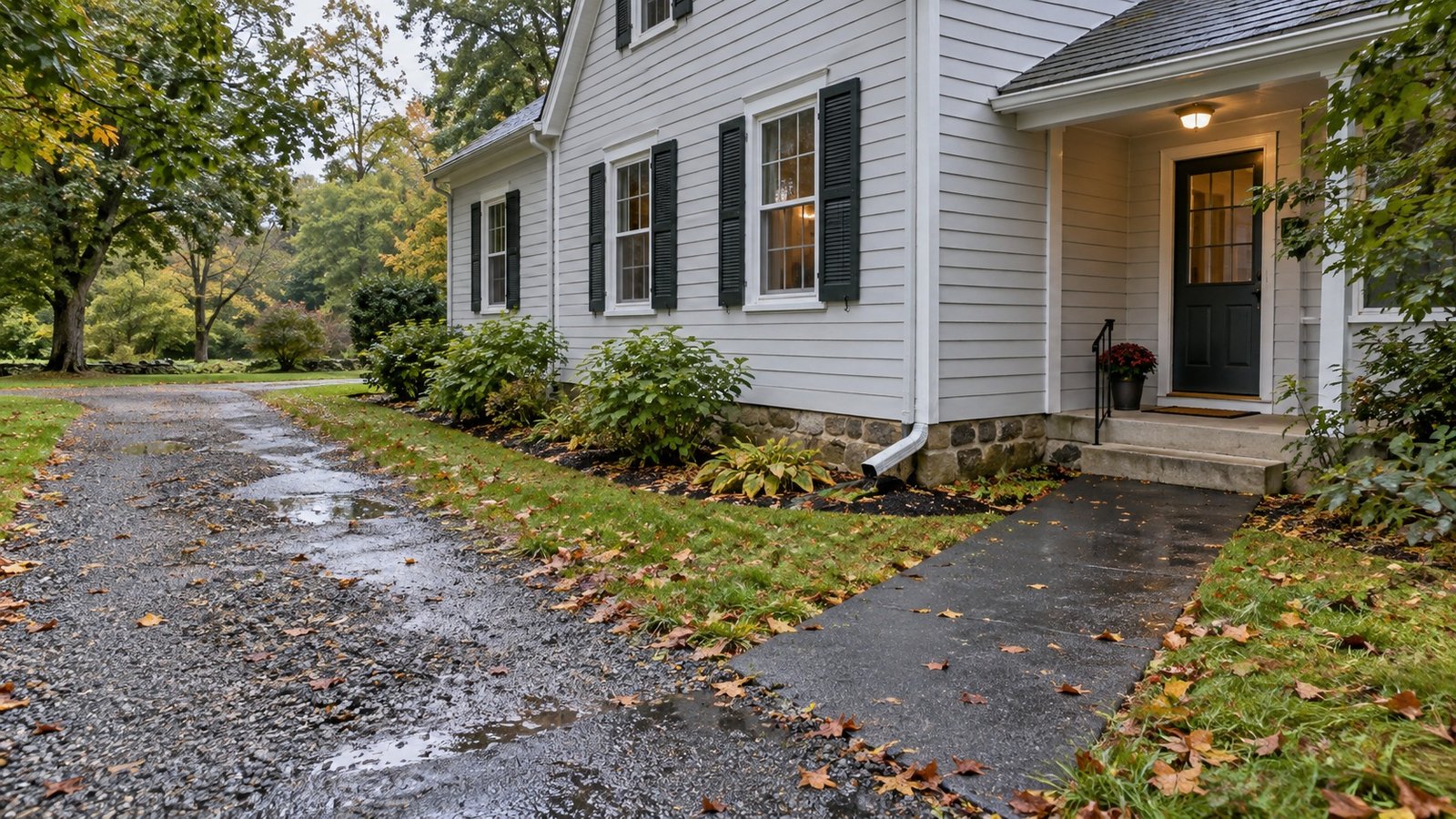 Checking access after rain Wet gravel driveway beside a clapboard house with a separate paved path to a sheltered entrance