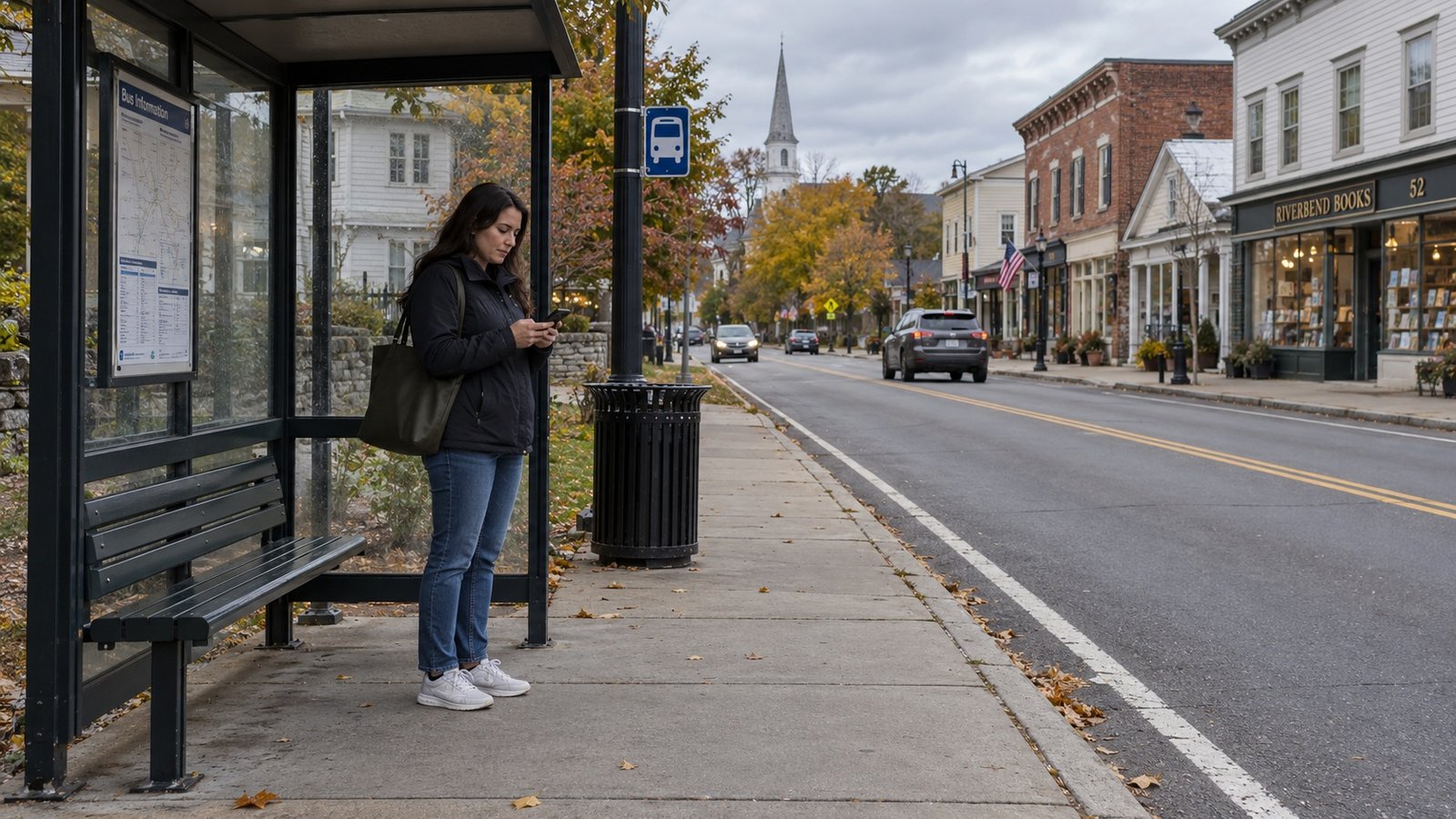 Checking the journey before boarding Woman checking her phone beside a bus shelter with a bench and timetable panel on a small-town sidewalk