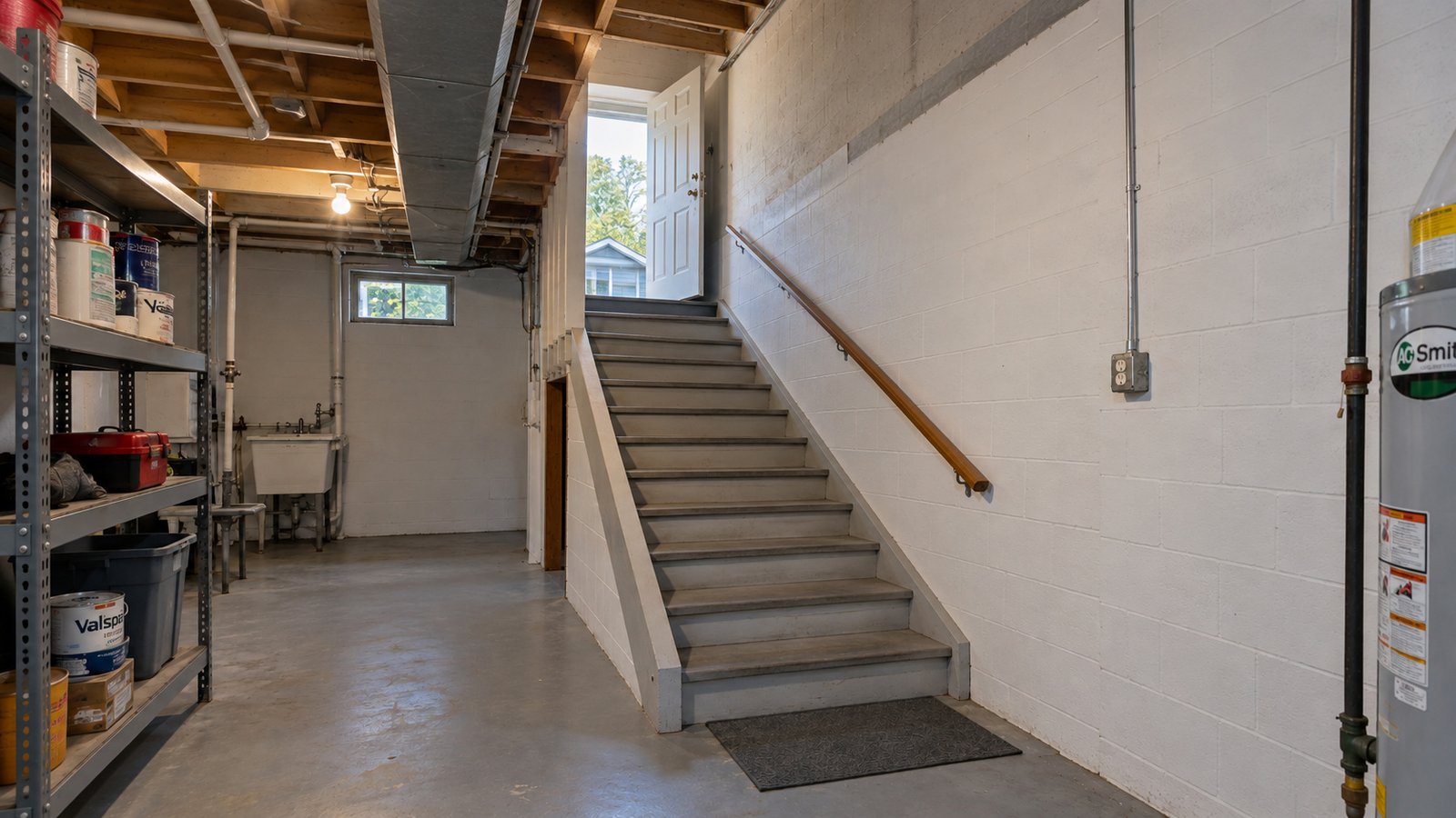 Basement stairs with a handrail lead from a concrete floor to an open exterior door.