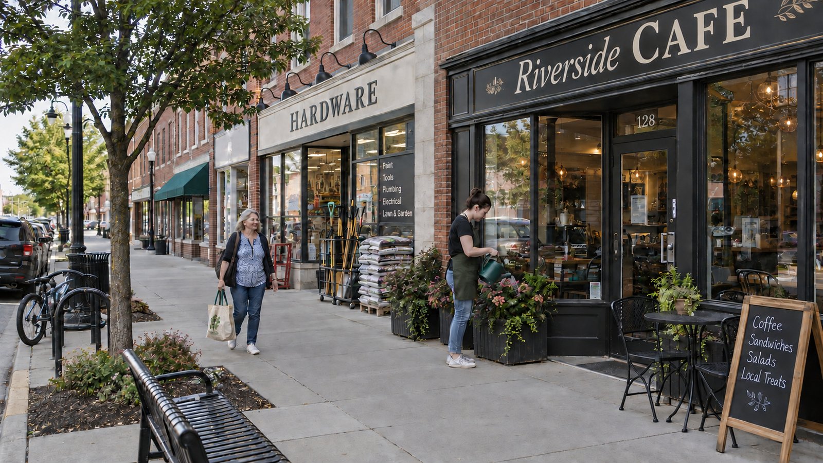 Two women on a sidewalk beside brick shops, one carrying a tote and one watering planters.