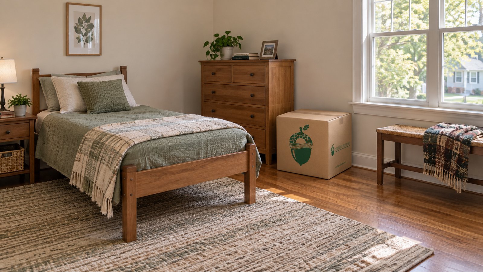 Twin bed, wooden dresser and one closed kraft carton in a compact bedroom.