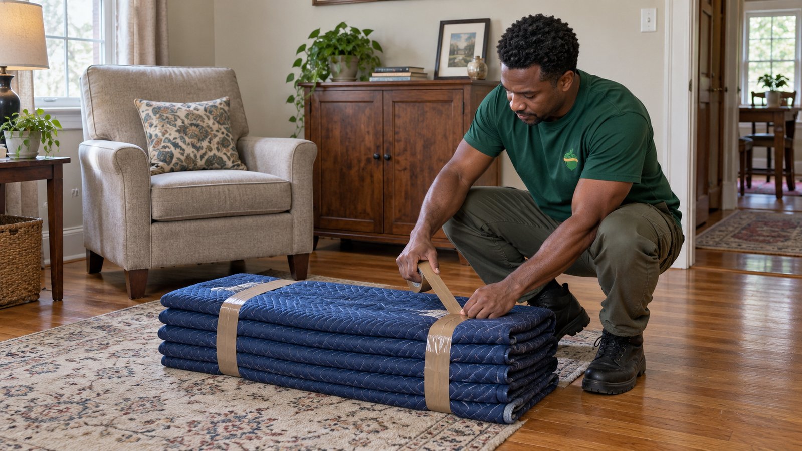 Male mover taping a low bundle of five folded moving blankets on a living-room floor.