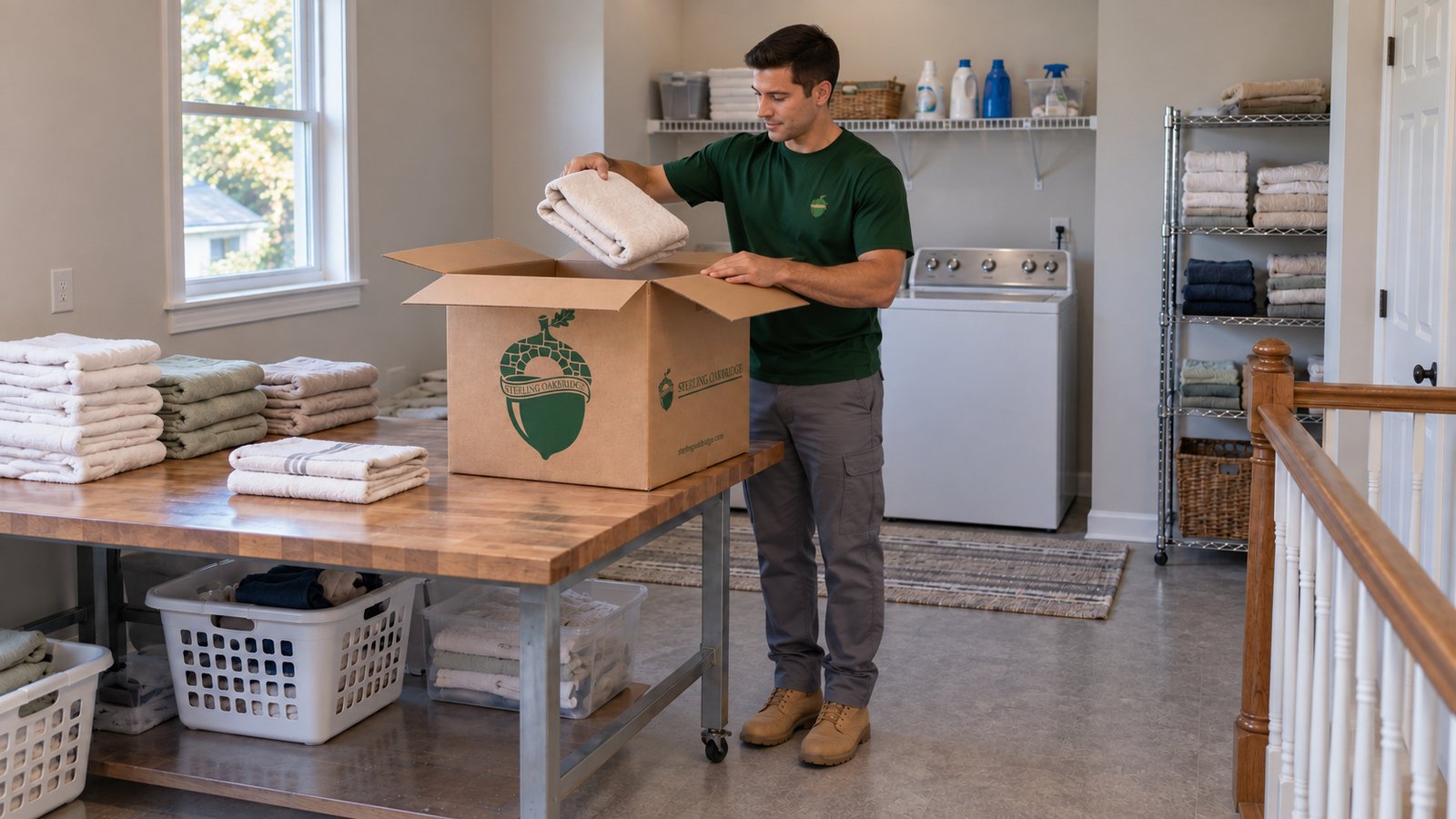 Male mover lowering folded towels into an open branded kraft carton on a laundry-room table.