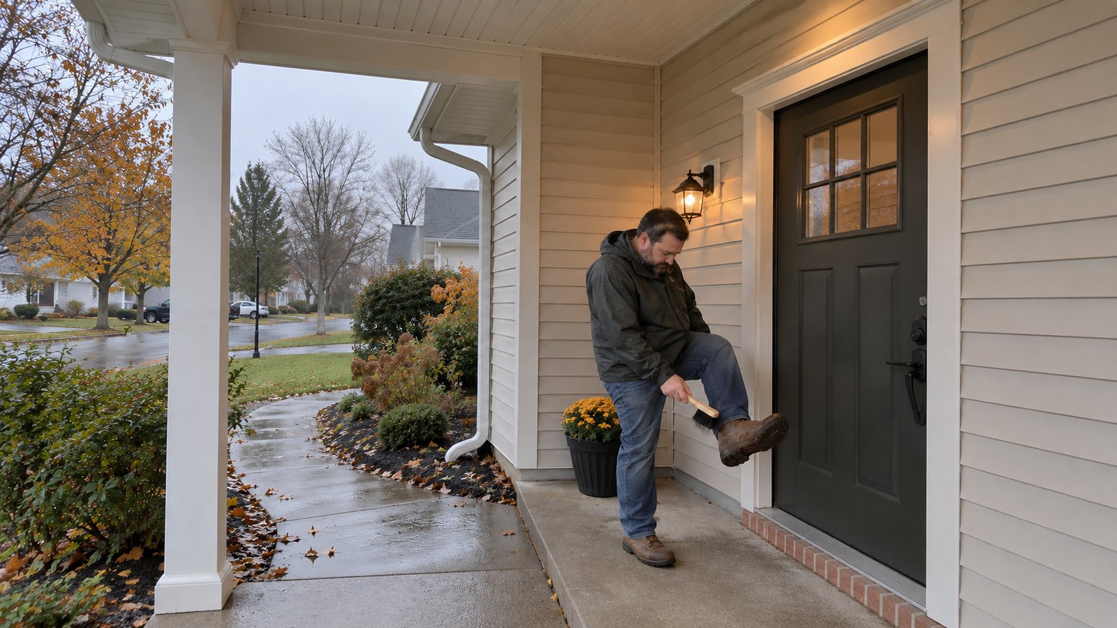 Resident brushing a raised boot on a sheltered porch beside a closed door after rain.