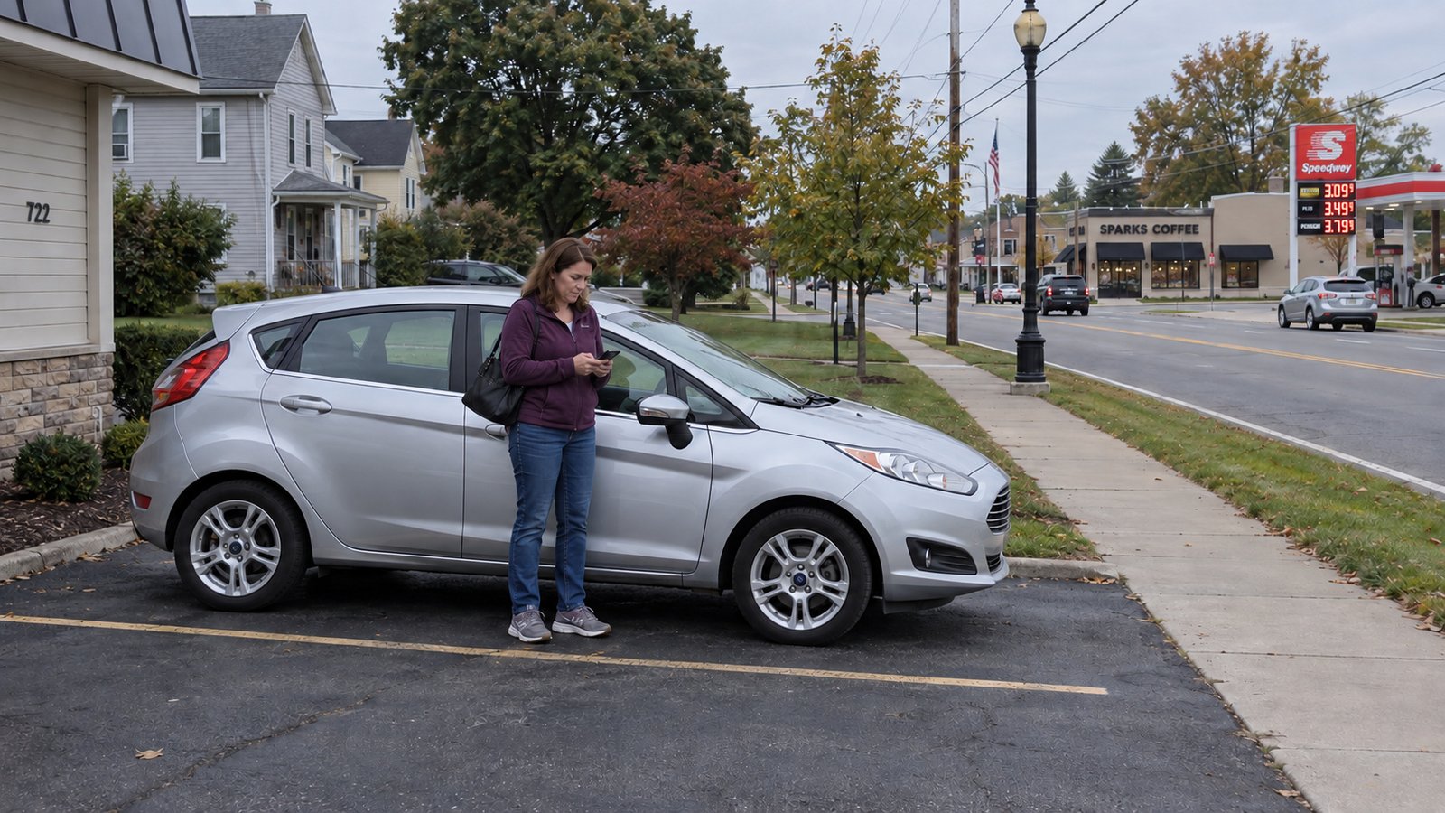 Woman consulting a phone beside a silver hatchback in a marked parking space near a main road.