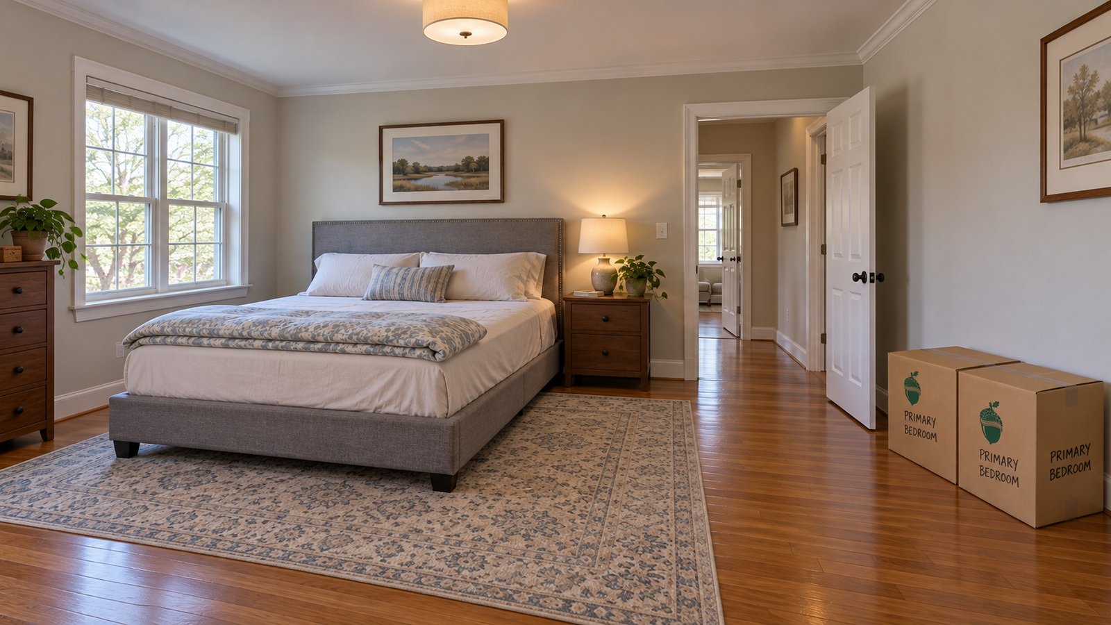 Assembled bedroom with two room-labelled cartons on the floor and a clear doorway route Assembled bedroom with two room-labelled cartons on the floor and a clear doorway route