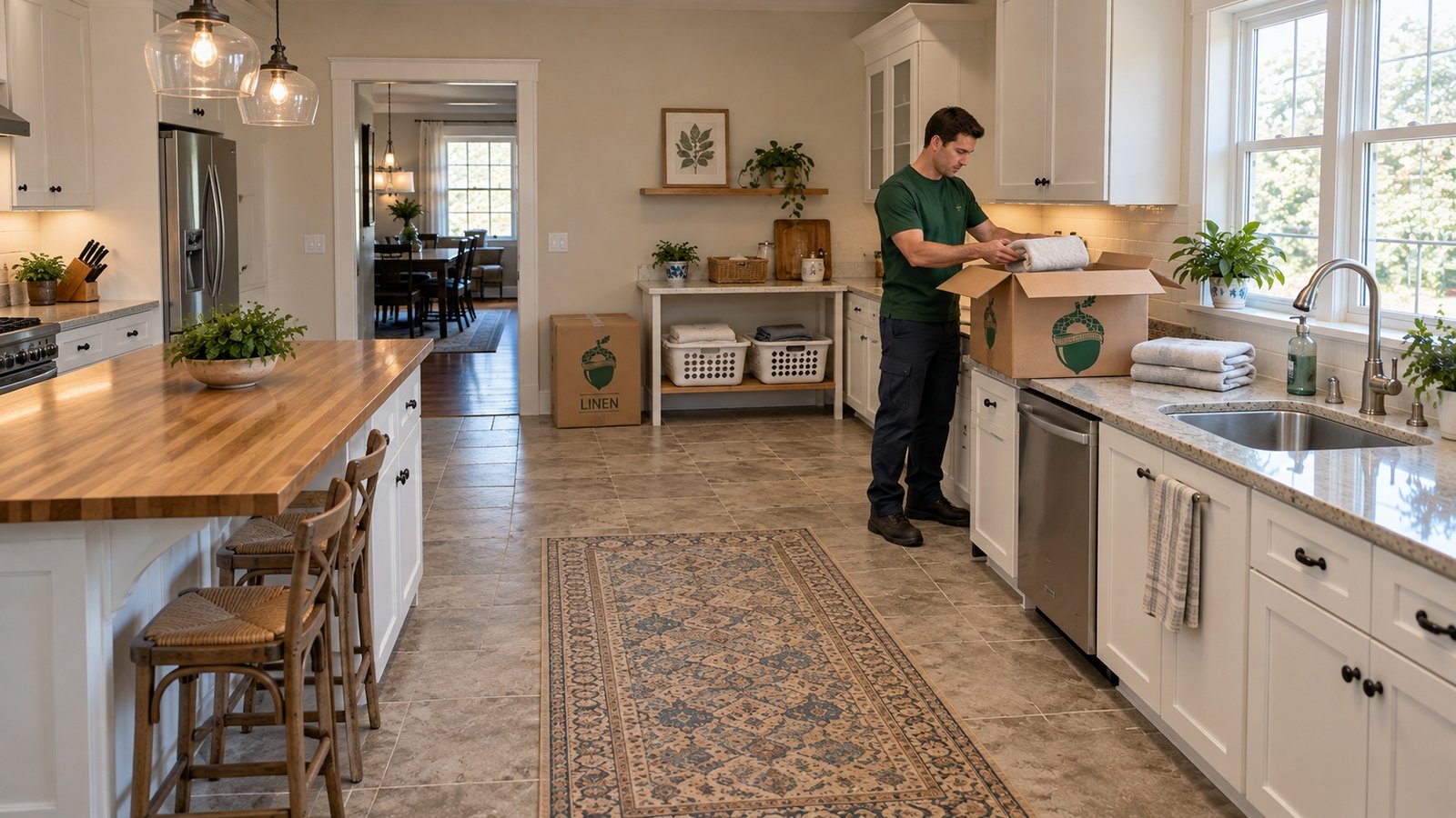 Mover packing folded towels into an approved open medium carton at a household counter Mover packing folded towels into an approved open medium carton at a household counter