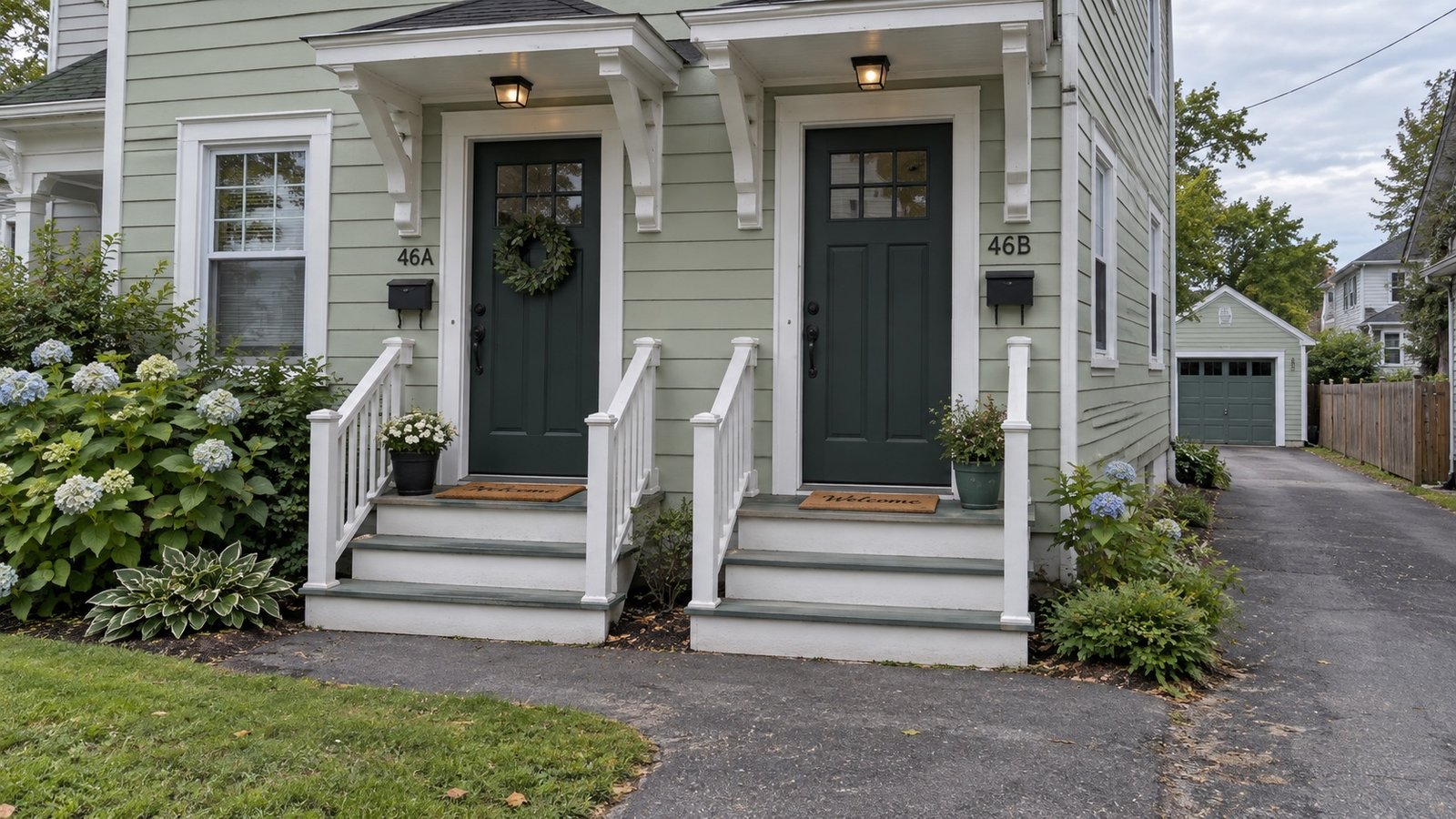 Two numbered duplex entrances, each with a complete staircase and handrails to the front path