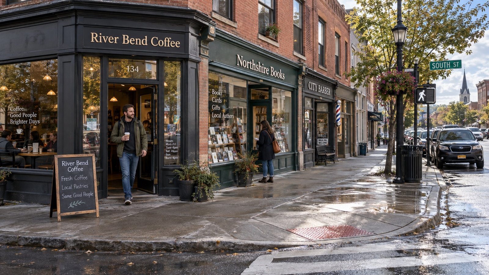 A small-city downtown corner with brick storefronts, a few parked cars and distant pedestrians.