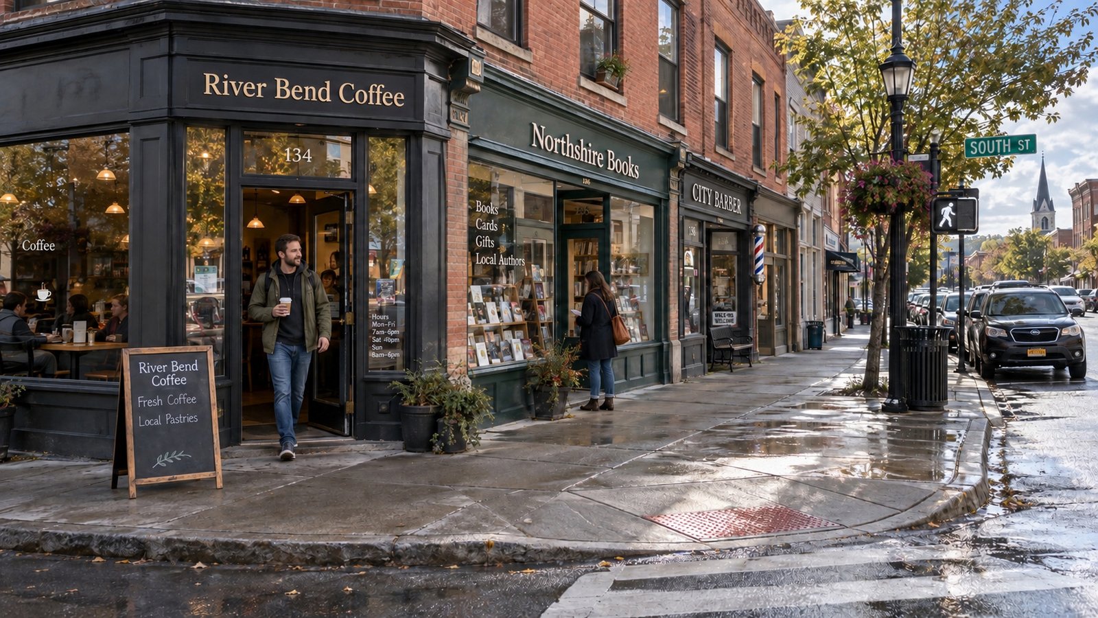 A man leaves a coffee shop while a woman looks into a neighboring bookshop along a wet sidewalk.