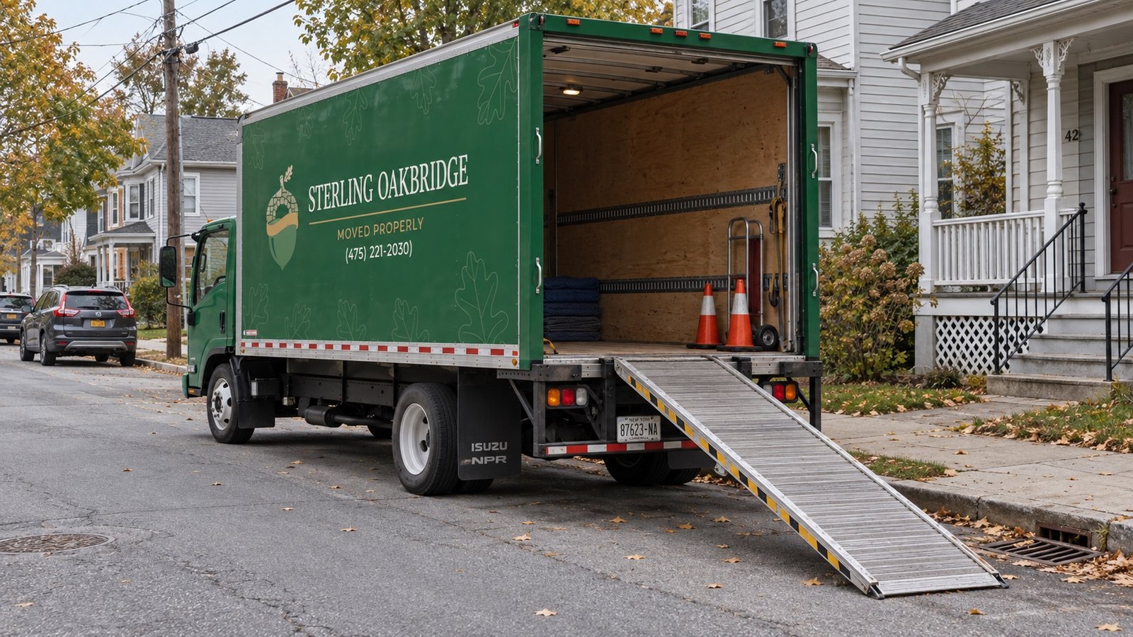A dark green moving truck with an open rear door and a ramp resting by a compact residential curb.