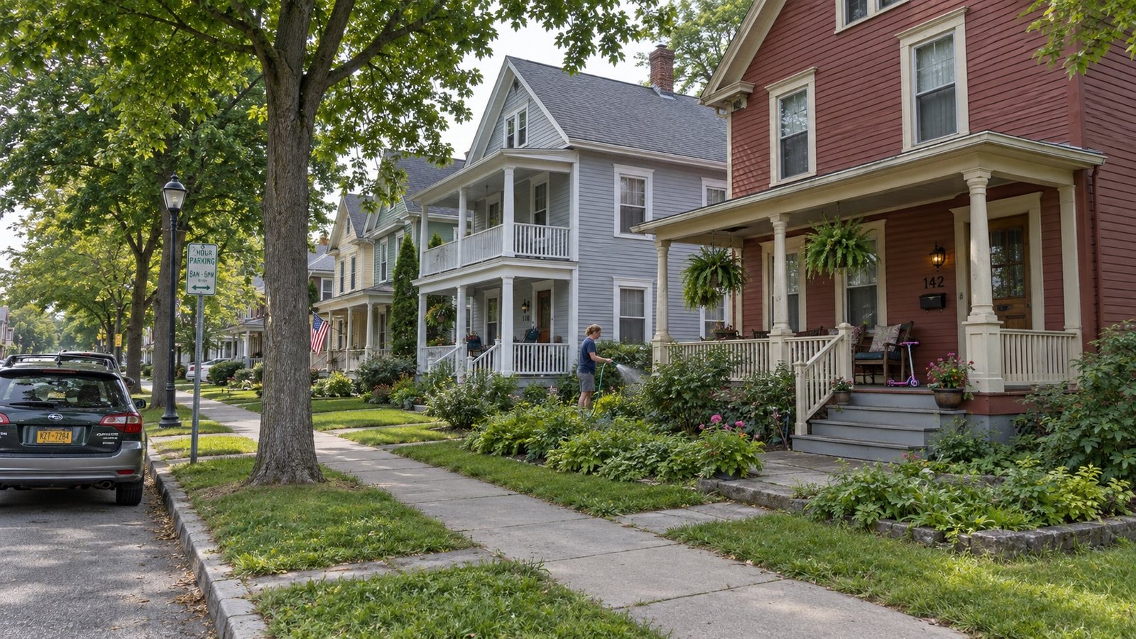 A residential street of older wood-frame Victorian houses with front porches, mature trees and parked cars.