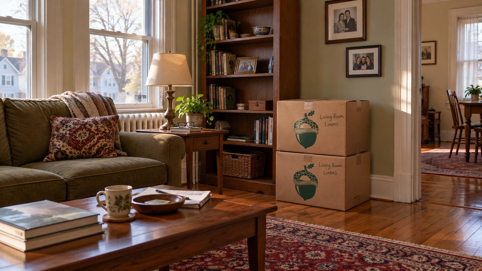 Two sealed branded Medium cartons are stacked beside an olive sofa, tall windows and a radiator in a lived-in room.