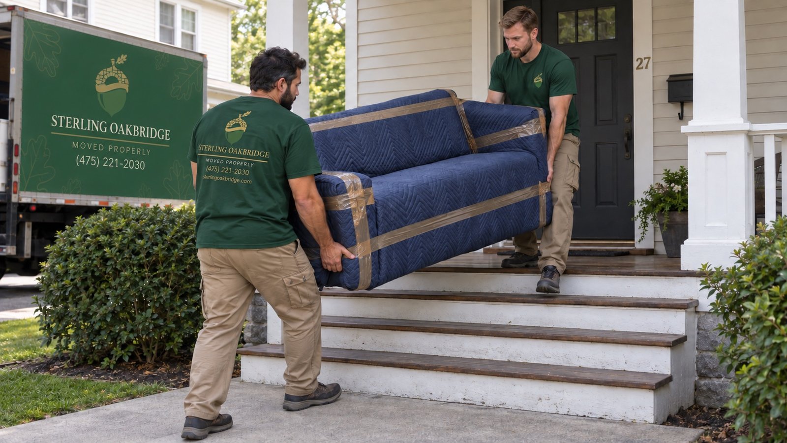 Two movers carrying a blanket-wrapped sofa down the wooden steps of a front porch.