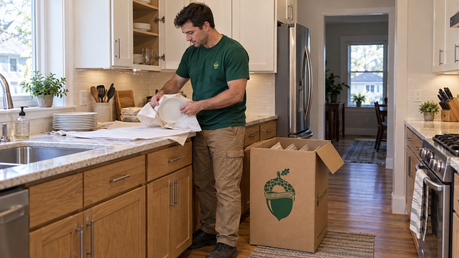 A mover in a forest-green crewneck wraps a dinner plate beside an accessible branded China carton on the kitchen floor.