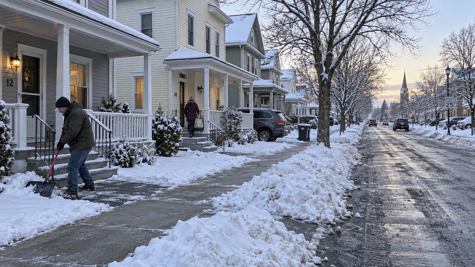 A residential street after snowfall with plowed snowbanks along the curb and a shoveled sidewalk.