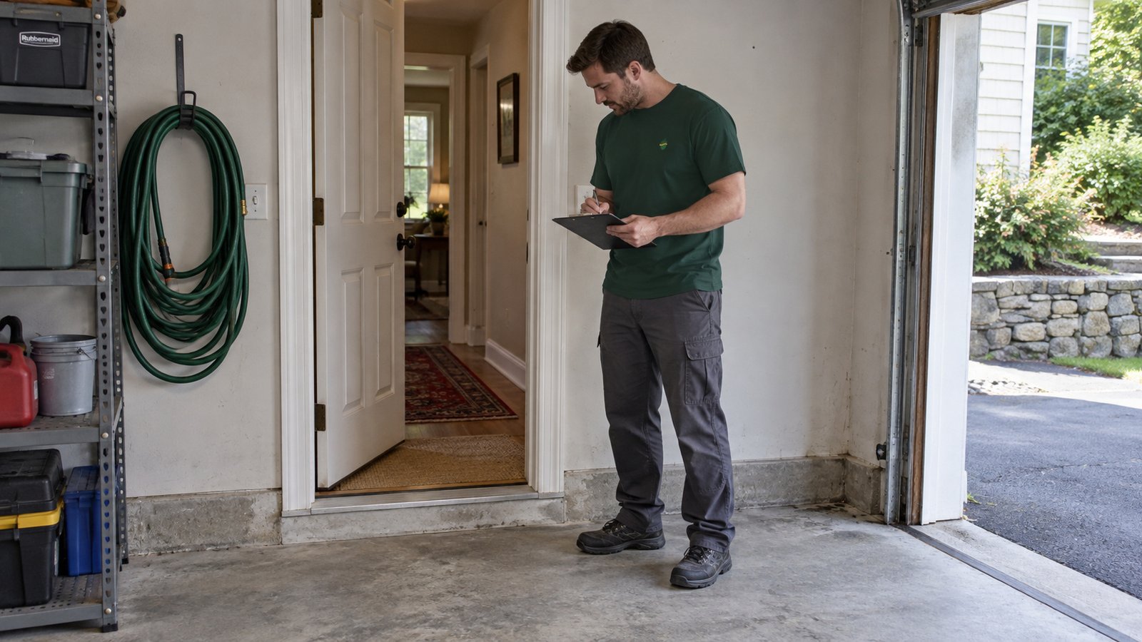 Reviewing the garage-to-house entrance A Sterling Oakbridge mover reviewing a garage-to-house entrance with a clipboard.