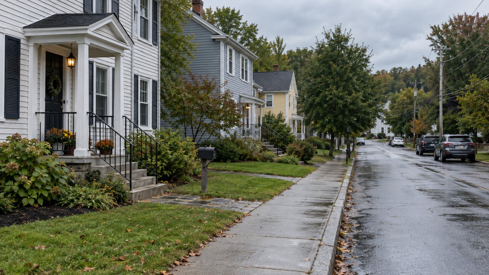 A sidewalk along a village street with wood-sided New England houses, front steps and mailboxes near the road.