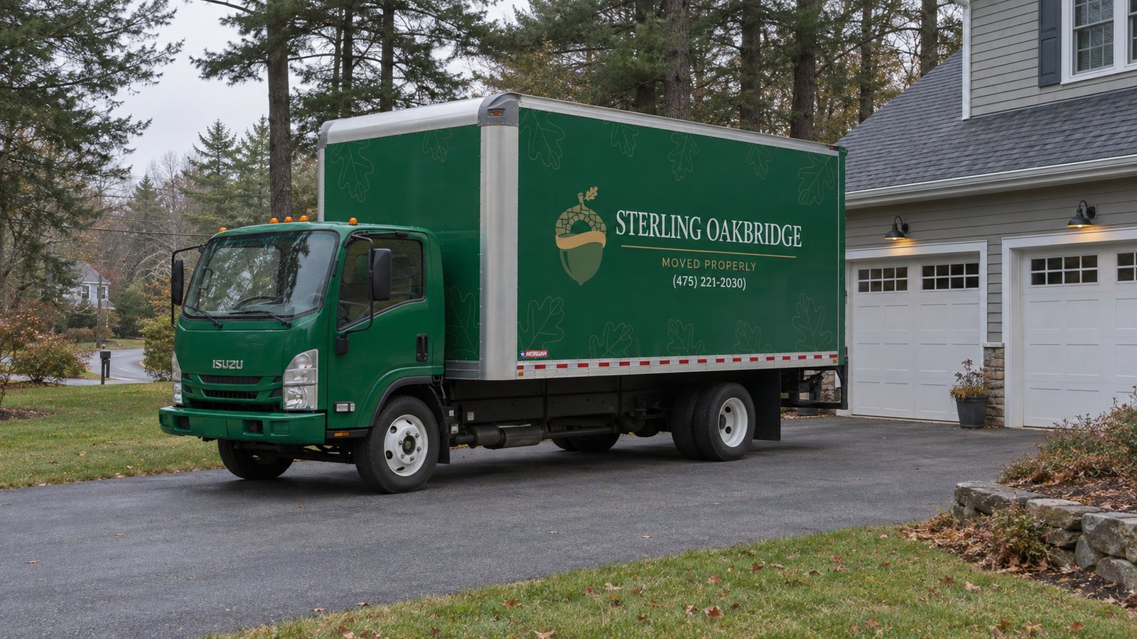 Truck staged on the driveway A dark green Sterling Oakbridge box truck parked fully on a long paved driveway beside a two-car garage, clear of the road.