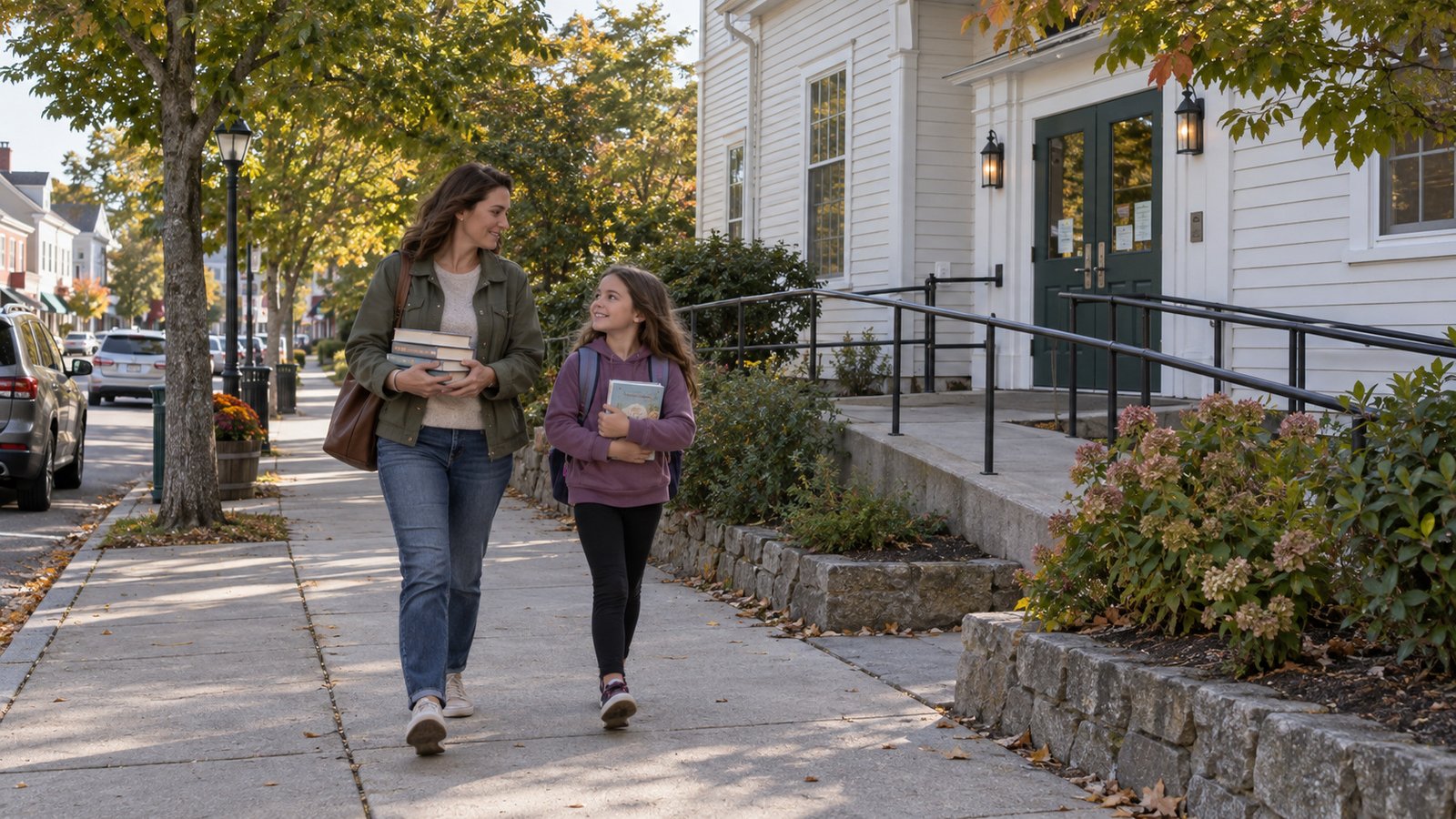 A parent and child walking on a town sidewalk carrying library books past a wood-sided public building.