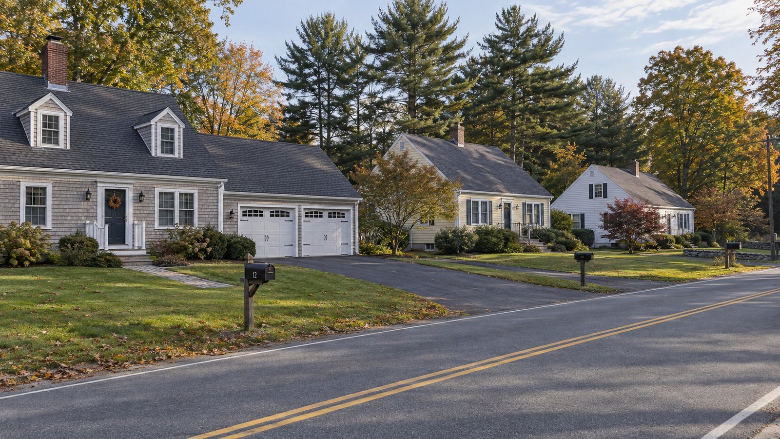 Residential street with driveways and tall pines Single-family homes with paved driveways and tall pines along a quiet Greenland residential street.