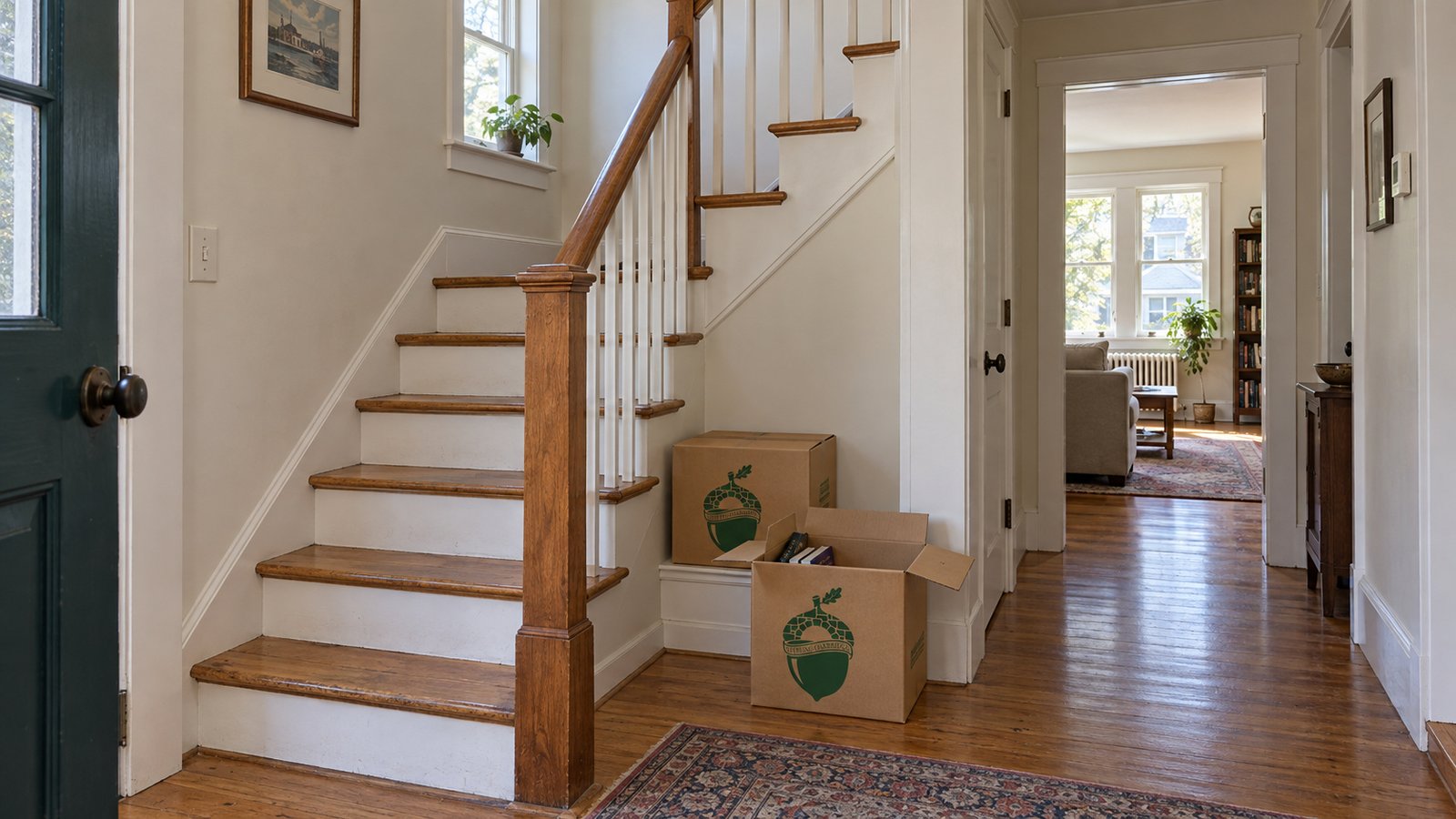 An entry hall with a turning staircase and two book cartons clear of the walking route.