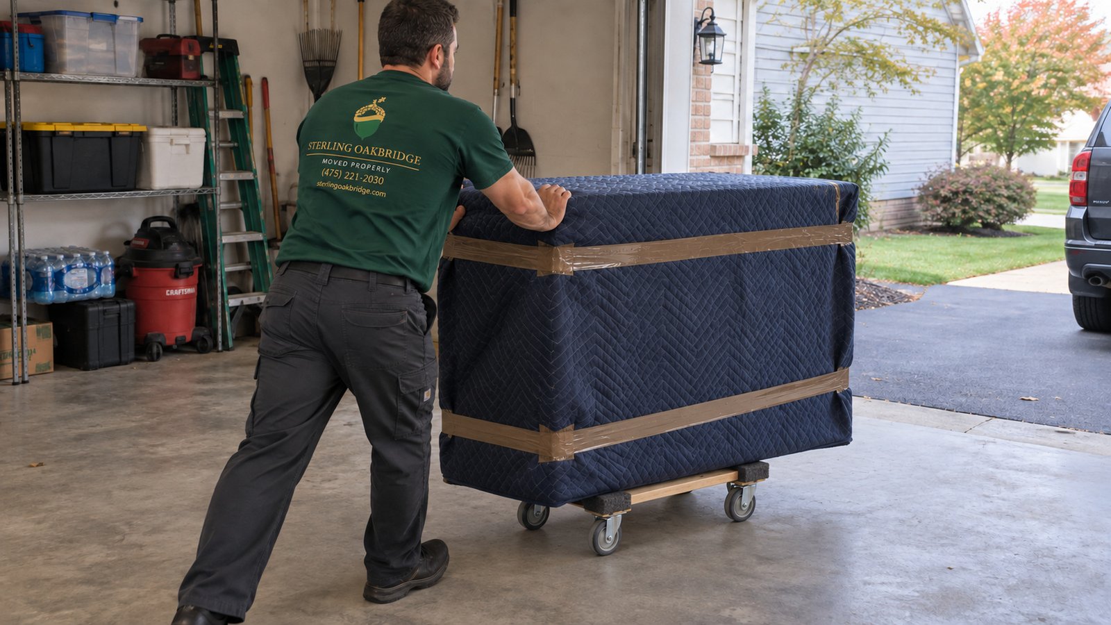 Rolling a protected dresser on a dolly A mover rolling a blanket-protected dresser on an open-frame wooden furniture dolly along a level garage floor.