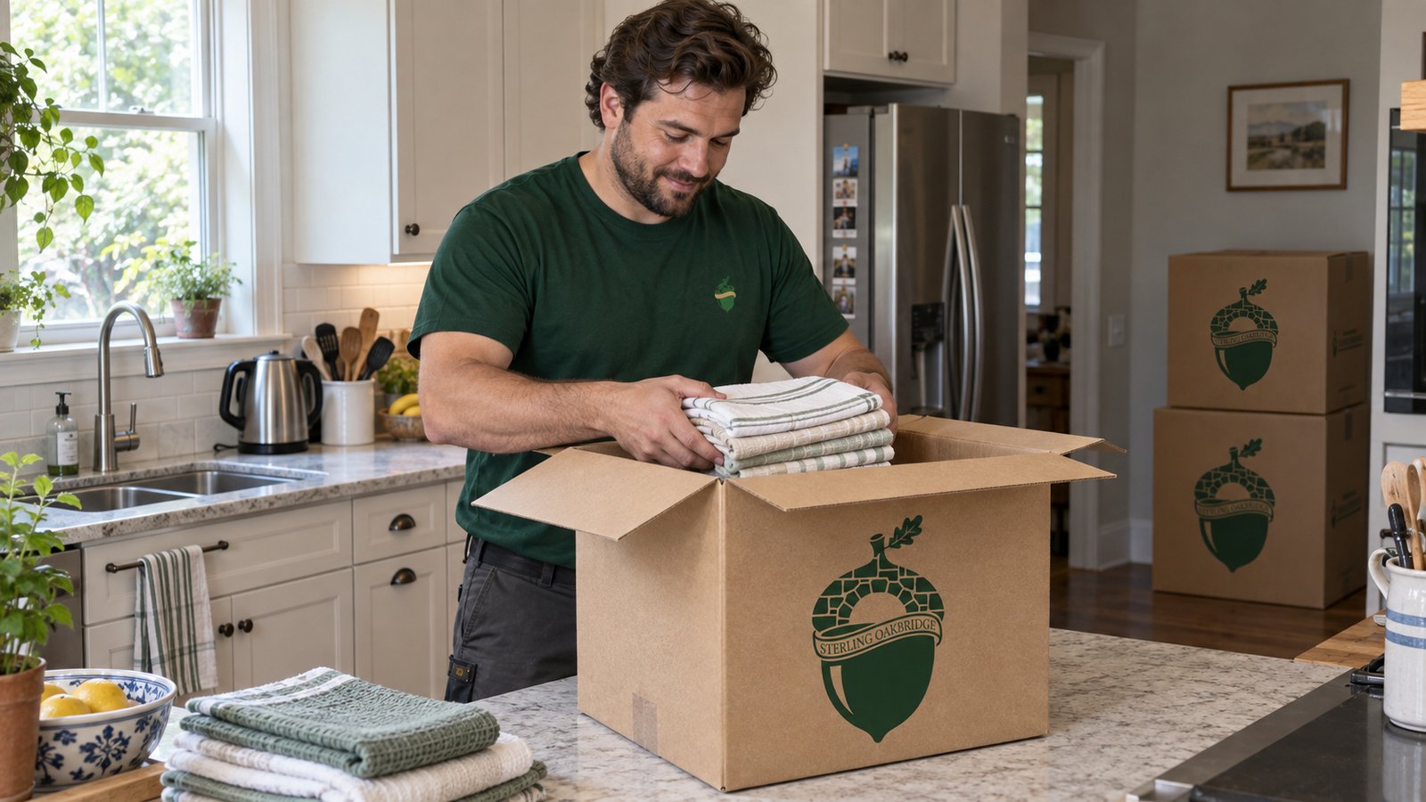 Full packing in a working kitchen A Sterling Oakbridge employee placing folded kitchen linens into a medium carton.