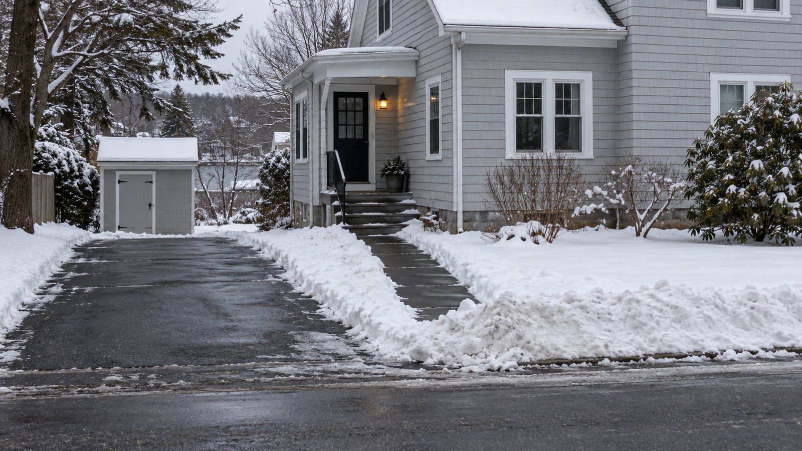 A home driveway cleared as one continuous walking strip to the side entrance after snow, with the snowbank kept off the road.