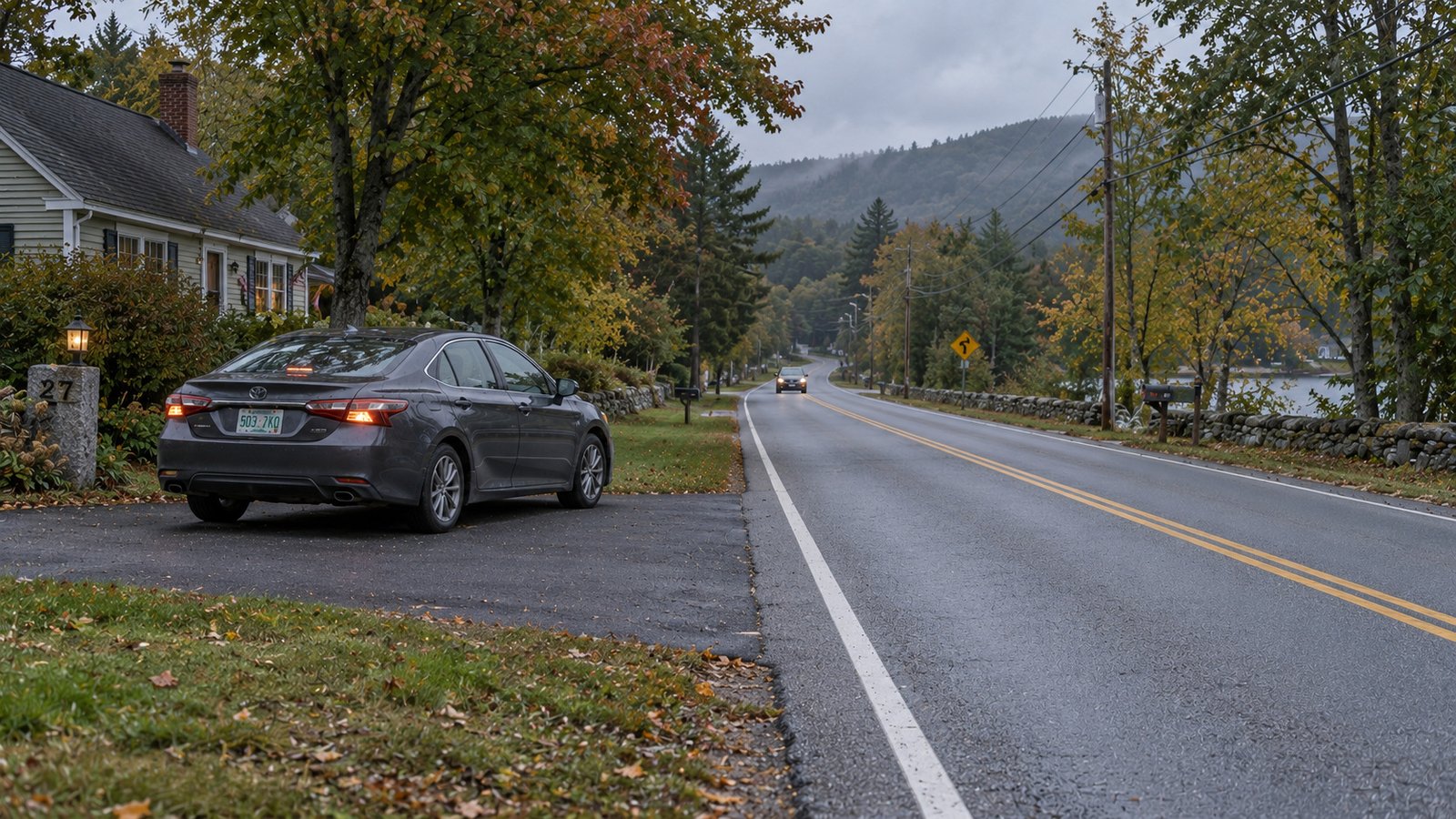 Car waiting entirely on a paved residential driveway before joining a two-lane road