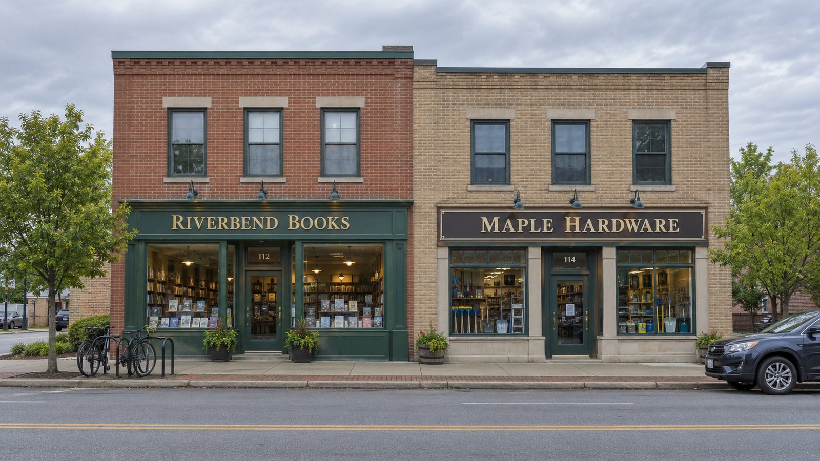 Two whole brick storefronts with intact functional Riverbend Books and Maple Hardware signs beside a street.