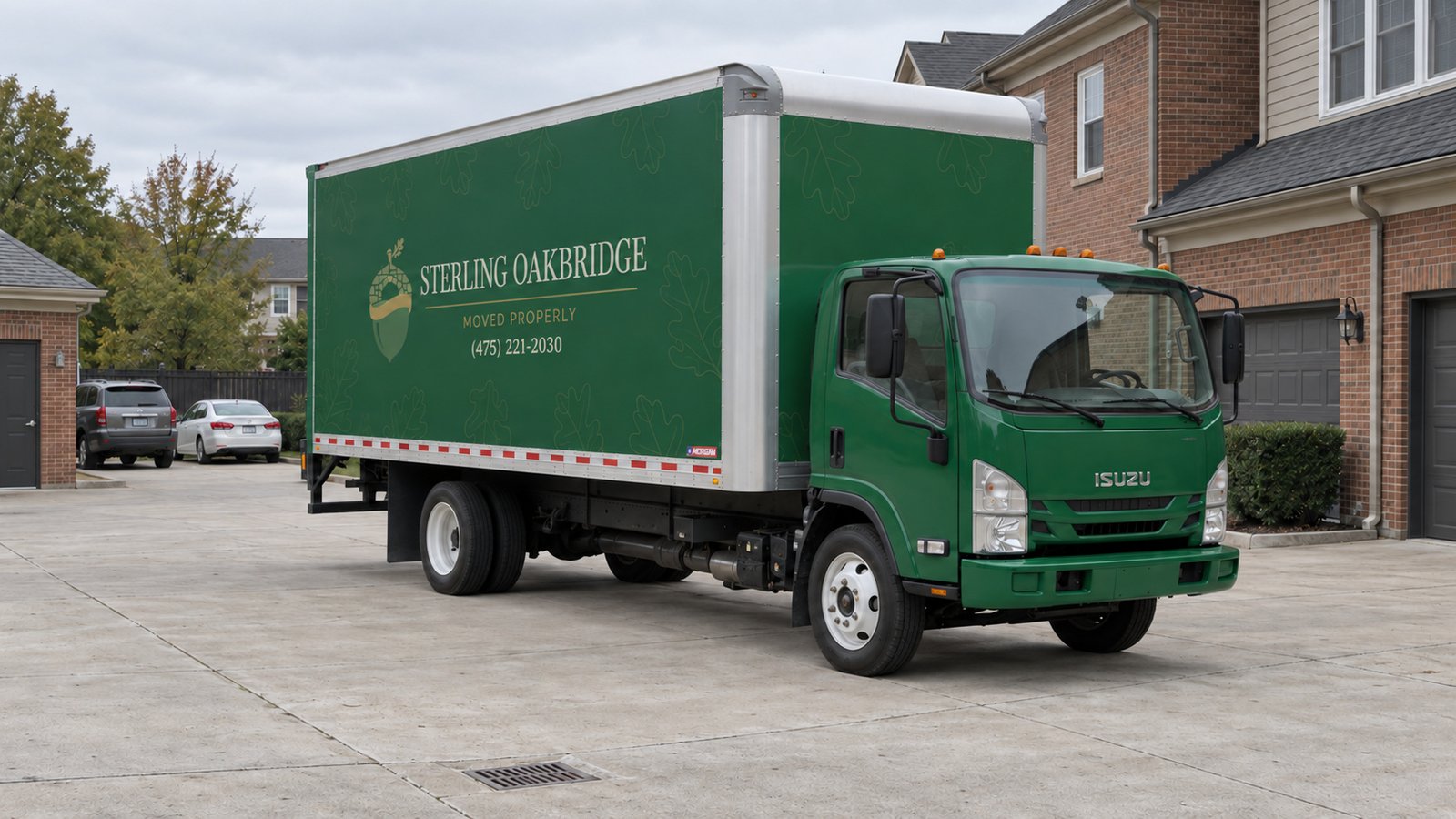 A whole green Sterling Oakbridge NPR16 truck seen from a front three-quarter view on a paved private Town parking court.