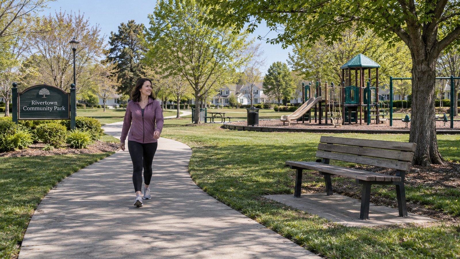 A whole casually dressed woman walks a paved park path beside a playground and a plain bench.