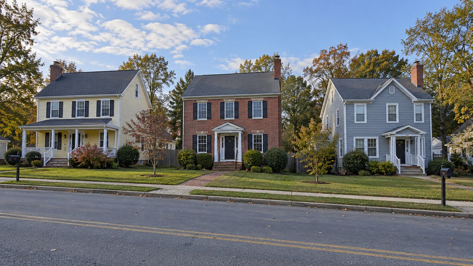 Inspect the property approach Three complete brick and clapboard Town houses beside a street with intact roofs and exterior walls.
