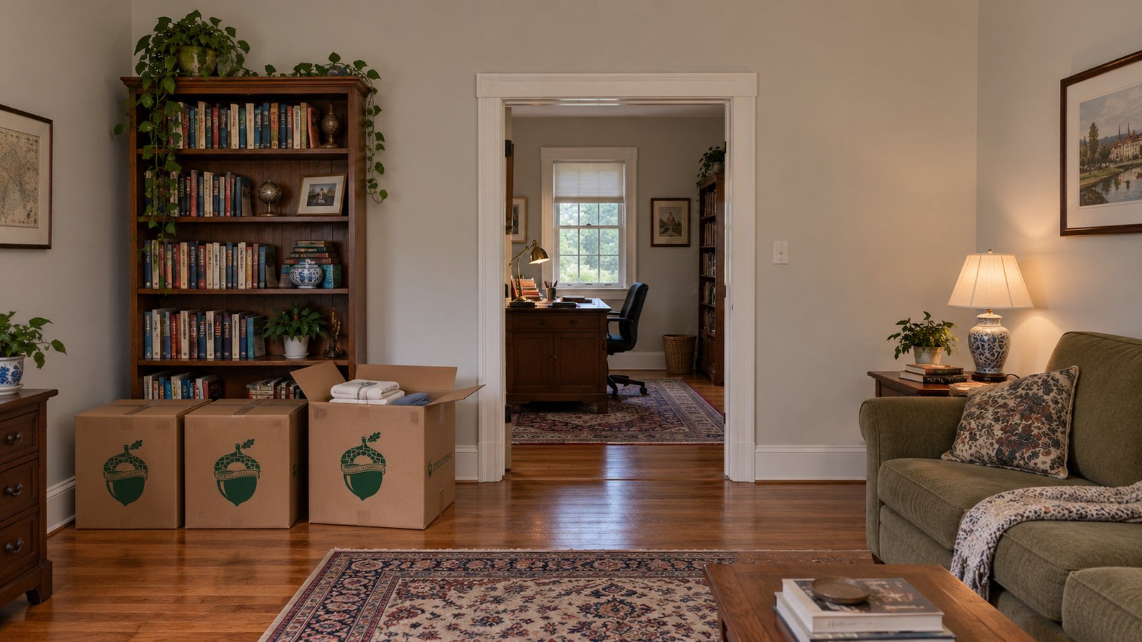A furnished living room and adjoining study with a complete internal door opening, two smaller closed kraft Book cartons and one larger open Medium carton holding towels.