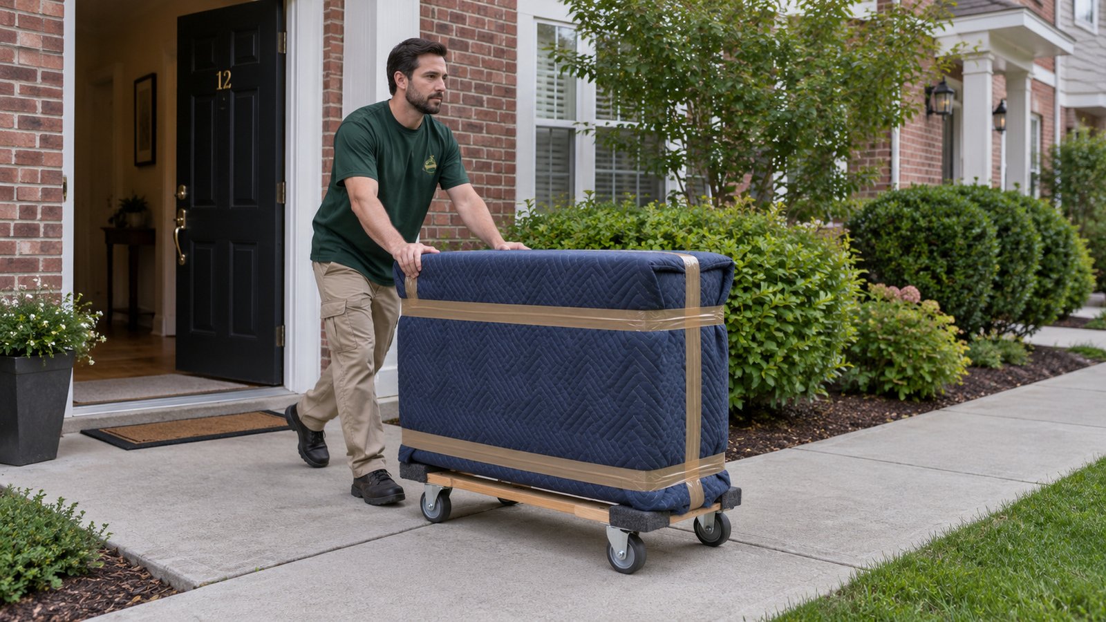 A whole male mover pushes a blanket-wrapped compact dresser on a compact wood-and-carpet furniture dolly across a level concrete path.