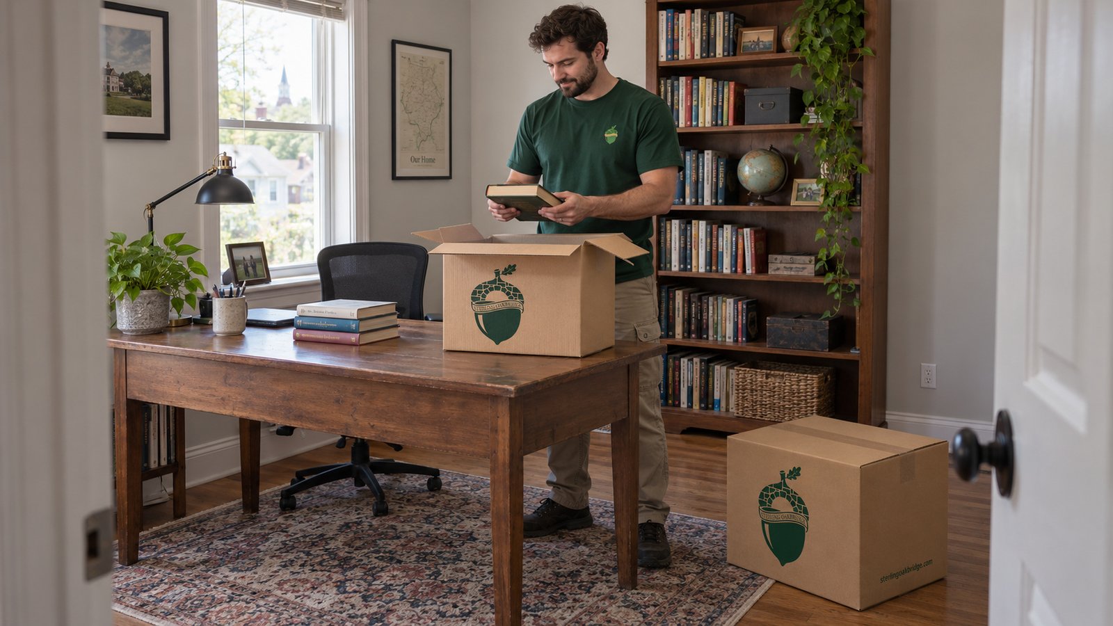 A whole male packer holds books above a small kraft Book carton in a furnished study beside a bookcase and desk.