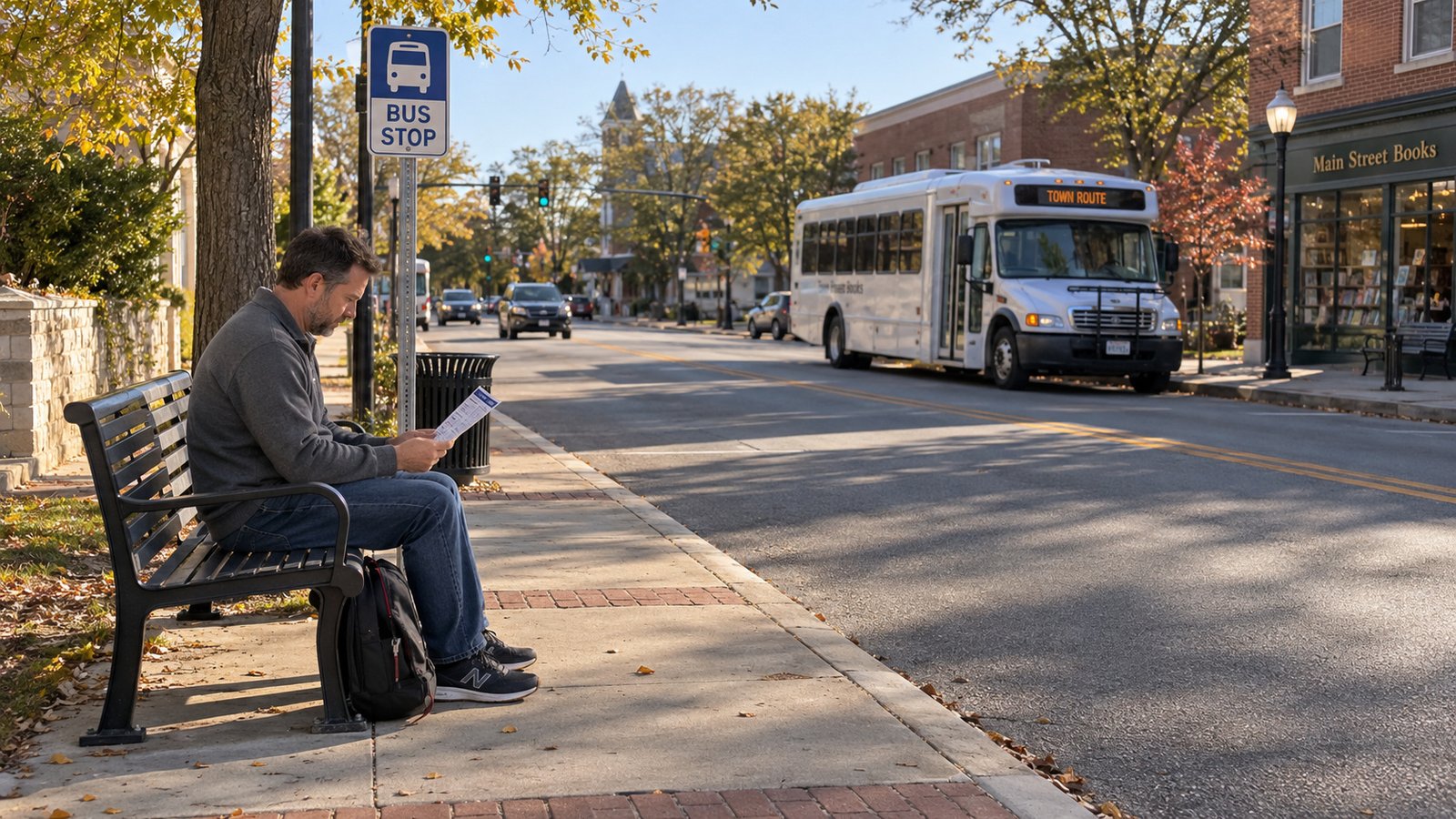 A whole casually dressed man sits on a bench reading a paper timetable; a whole small bus stands in the representative street background.