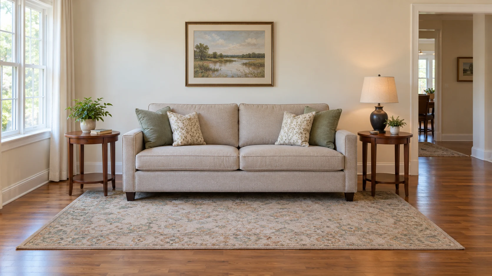 A whole sofa and side tables arranged in a sunlit lived-in Greenwich room