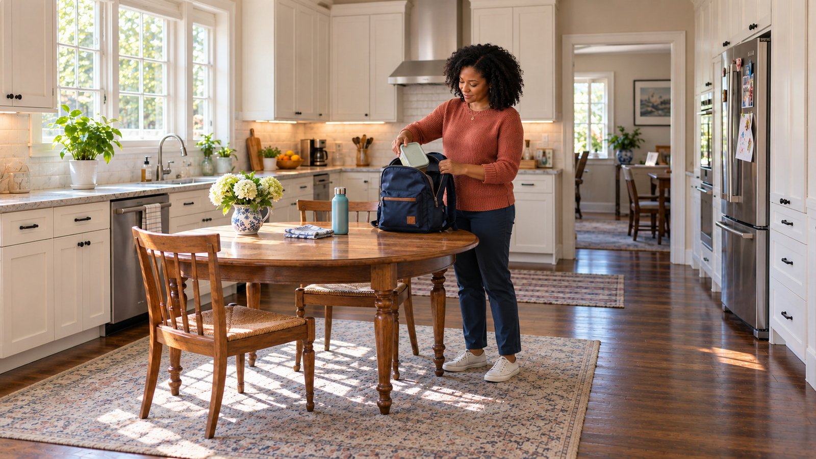 A whole parent places a closed lunch container into an open school bag on a kitchen table