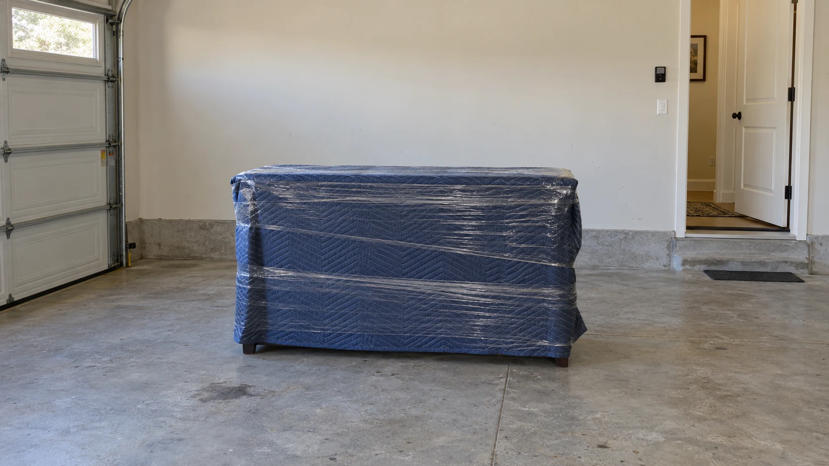 A blanket-protected cabinet standing in a garage near the interior entrance