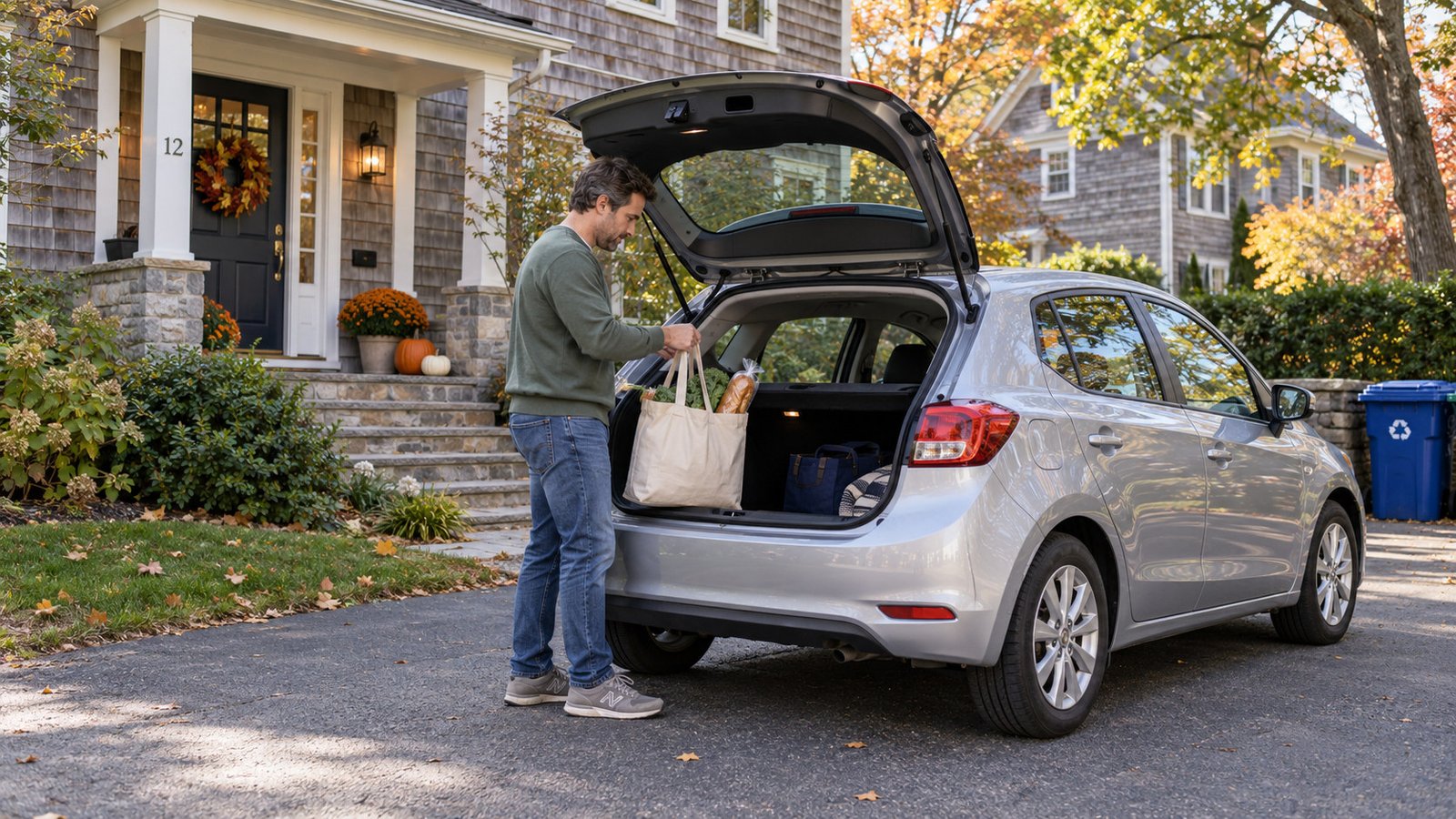 A whole resident lifts a grocery tote from a small car in a residential driveway
