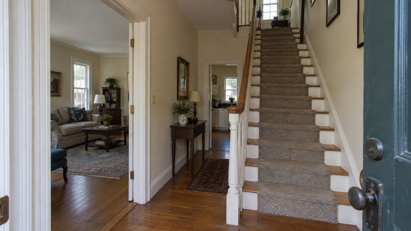Checking the interior route An entrance hall with a carpeted wooden staircase and an open doorway into a sitting room